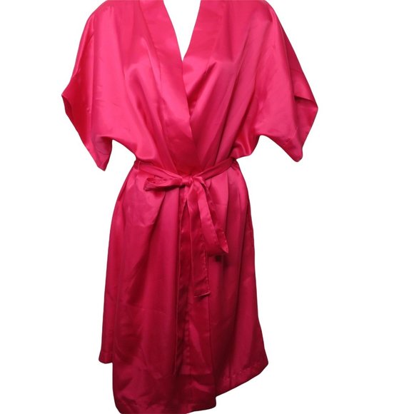 Vintage 80s Night Magic Hot Pink Kimono Robe Medium Knee Length Belted USA Made - Picture 5 of 10